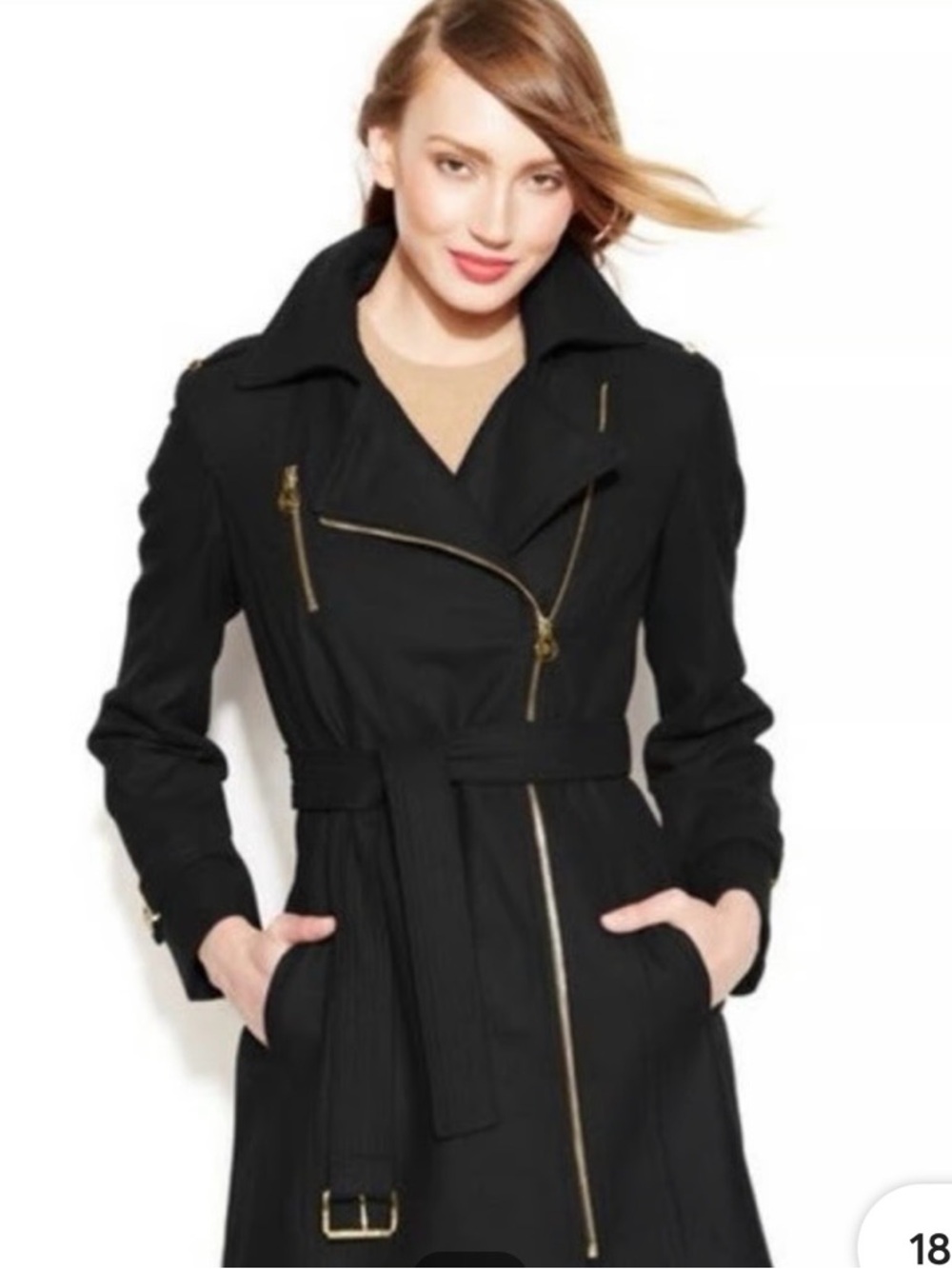 Michael Kors jacket coat Black Belted Trench Coat Asymmetrical Zip Up Pea Coat